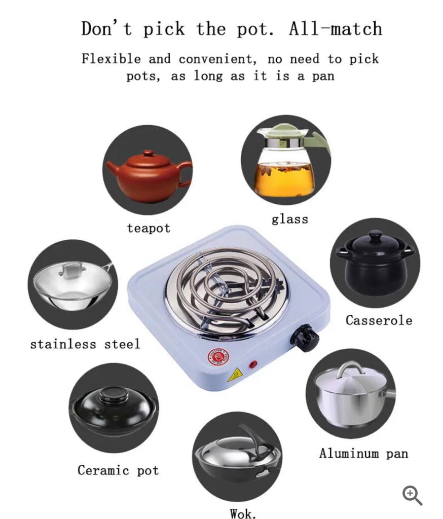Electric hot plate with compatibility icons for various cookware types on a white background.