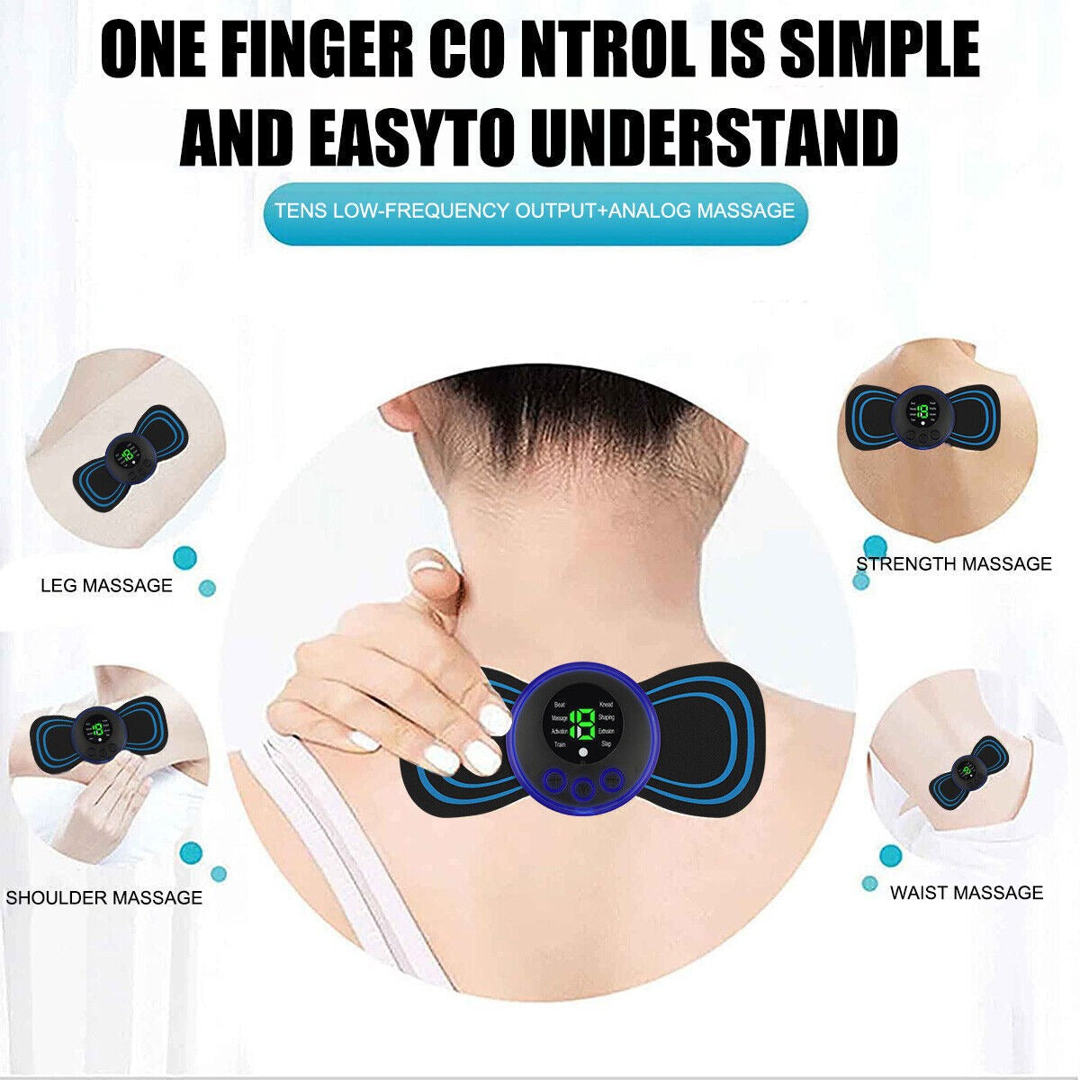 Electromagnetic massager with digital display on a person's neck, surrounded by insets showing different massage areas.