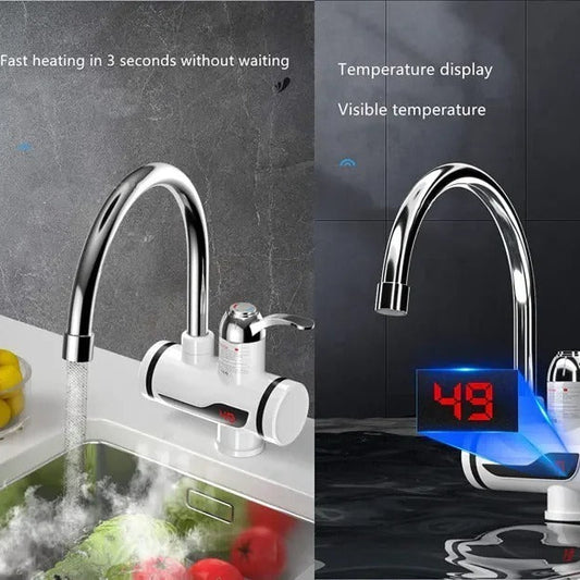 Electric water faucet with temperature display and fast heating feature.