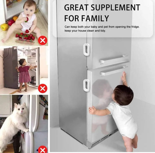 Fridge door with a mesh screen for children and pets, showing how it keeps them safe from opening the fridge.