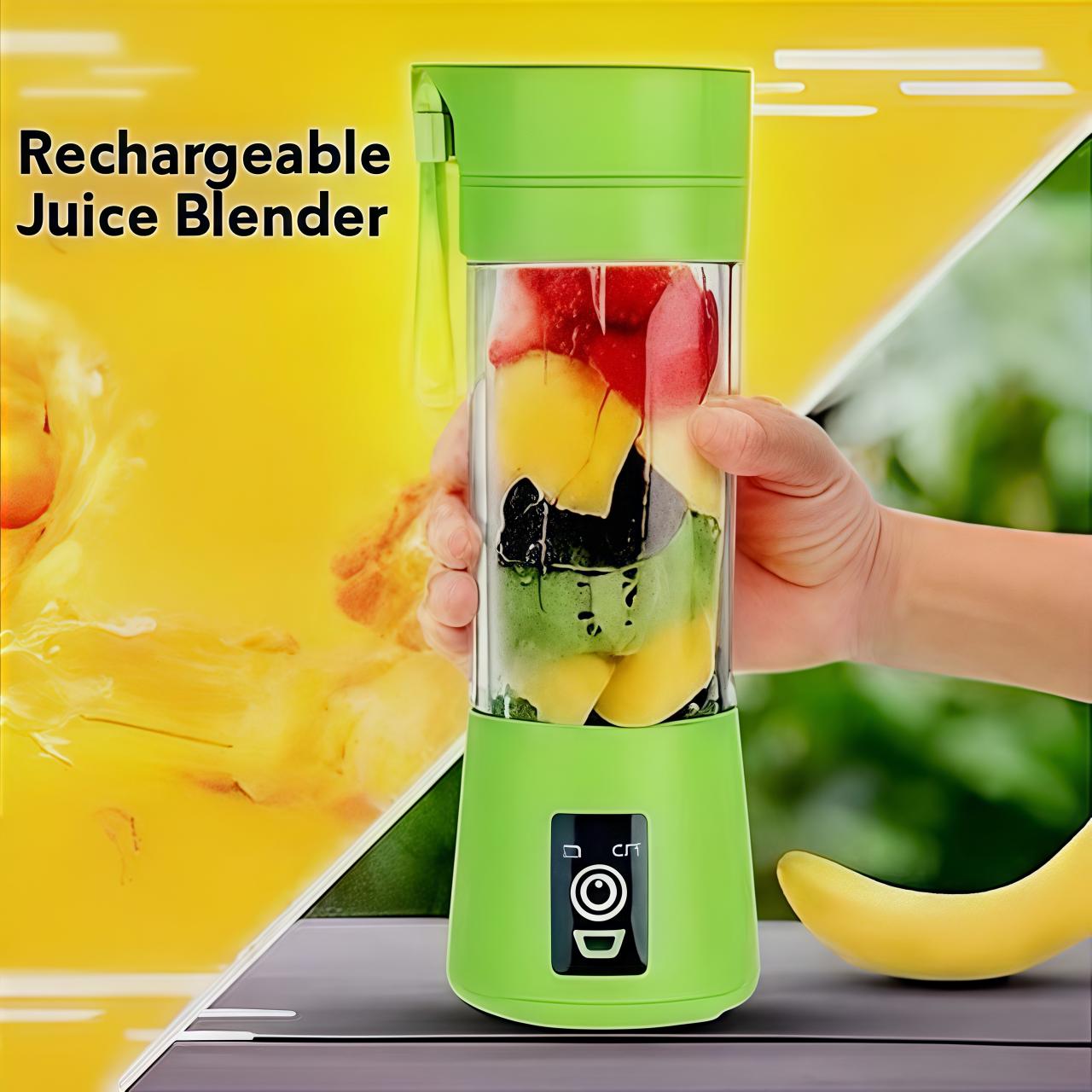 Green rechargeable juice blender with fruits inside, held by a hand on a yellow background.