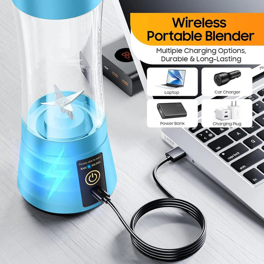 Wireless portable blender with charging cable on a laptop, showing multiple charging options.