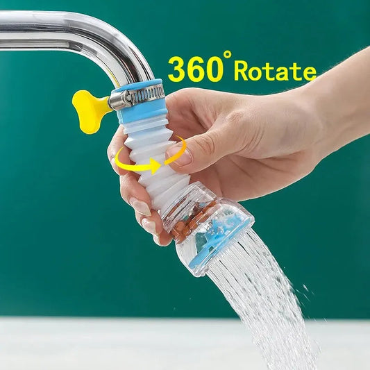 Hand holding a 360-degree rotate faucet filter with water flowing out against a green background.