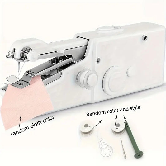White handheld sewing machine with accessories on a white background