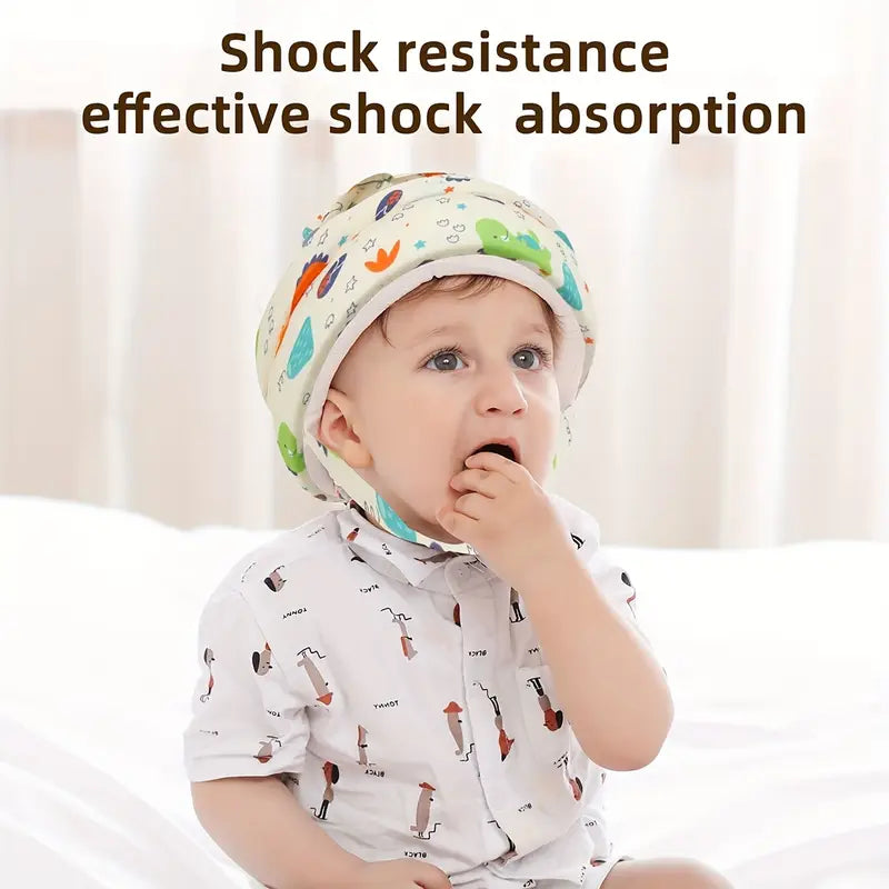 Child wearing a colorful helmet with text about shock resistance