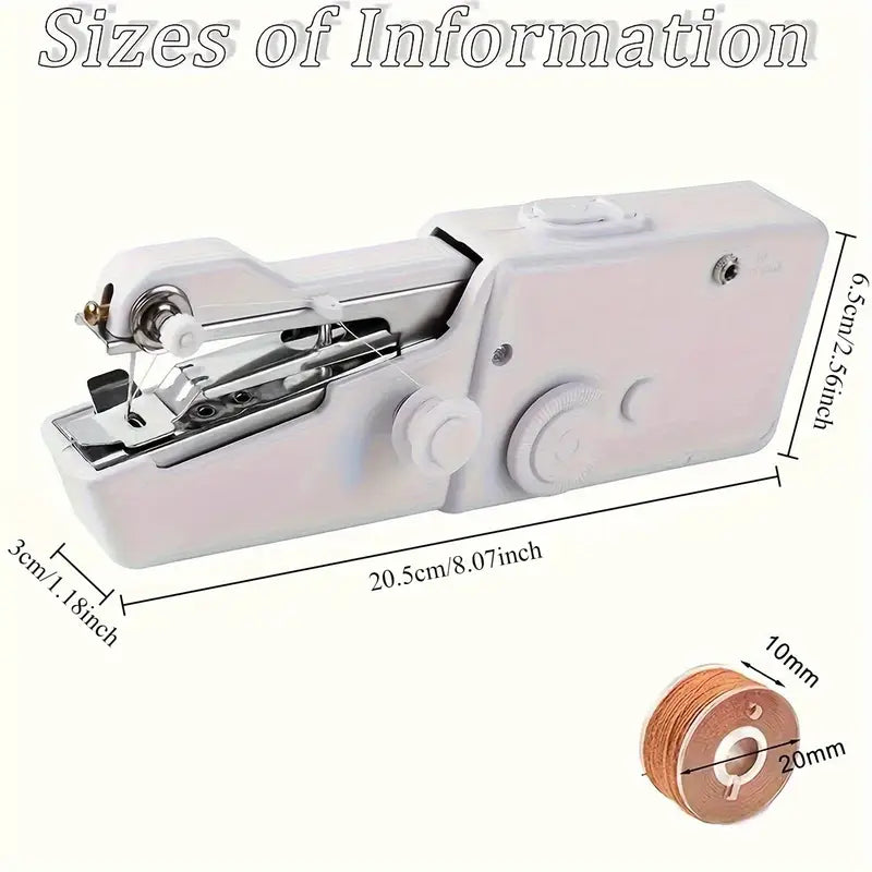 Handheld sewing machine with dimensions labeled on a white background