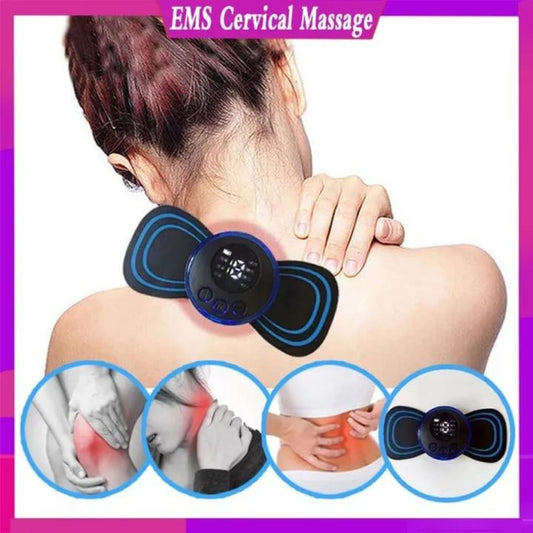 Person using an EMS cervical massage device with inset images of discomfort and massage.