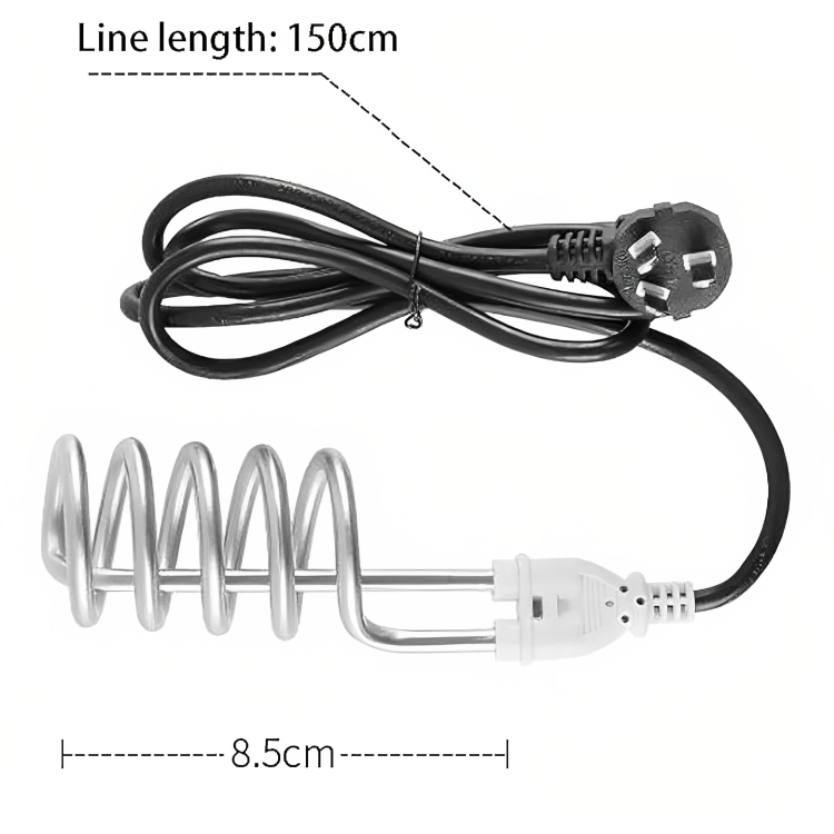 Electric heating element with coiled design and power plugs, showing line length and coil diameter.