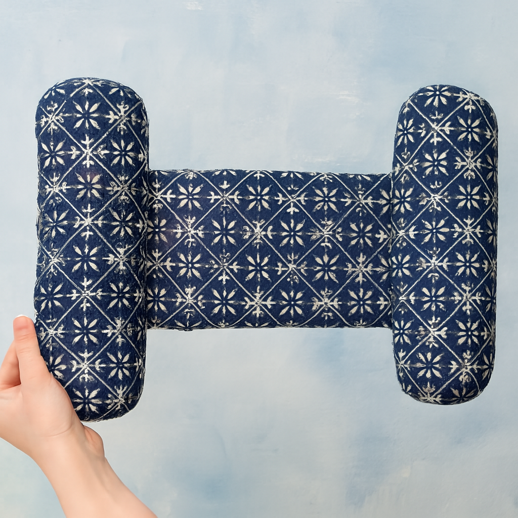 Blue and white patterned dog bone-shaped pillow held by a hand against a light blue background