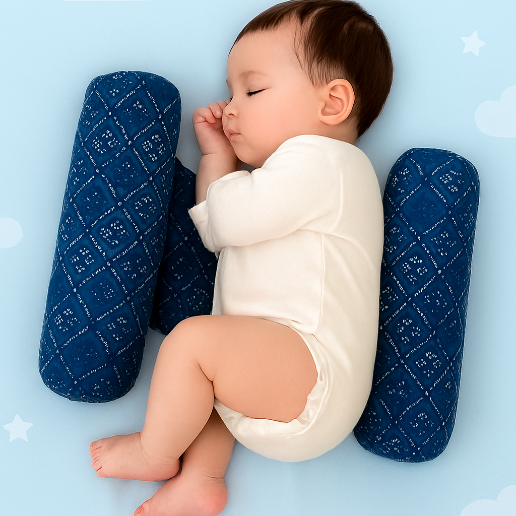 Baby in a white onesie sitting between two blue pillows on a light blue background