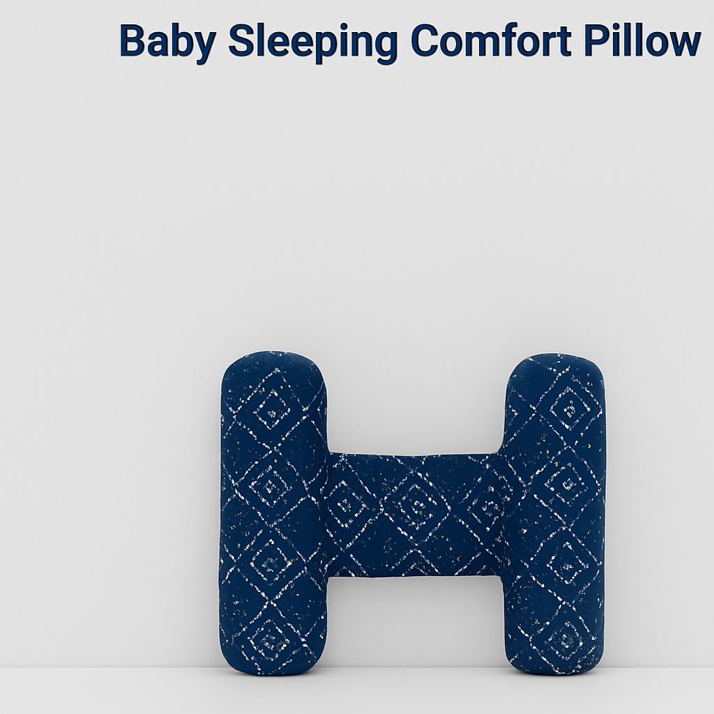 Blue baby sleeping comfort pillow with geometric pattern on a white background