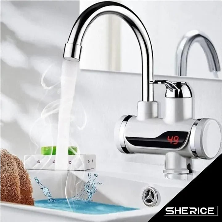 Chrome kitchen faucet with digital display and water flowing into a sink, featuring the brand 'SHERICE'.