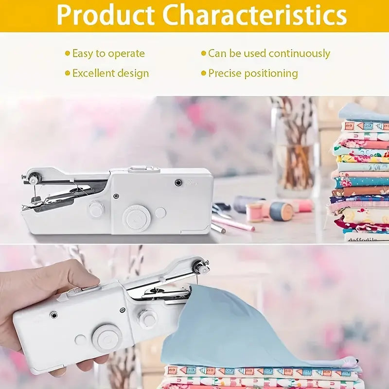 White handheld sewing machine with product characteristics listed above, used in a sewing context.