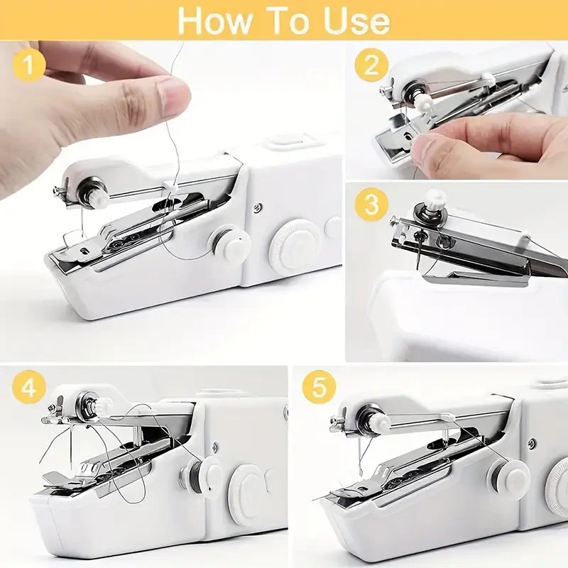Step-by-step guide on how to use a small handheld sewing machine.