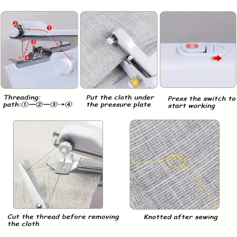 Step-by-step guide on using a sewing machine with text instructions.