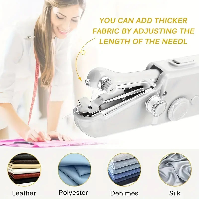 Handheld sewing machine with text on adjusting needle length and fabric types.