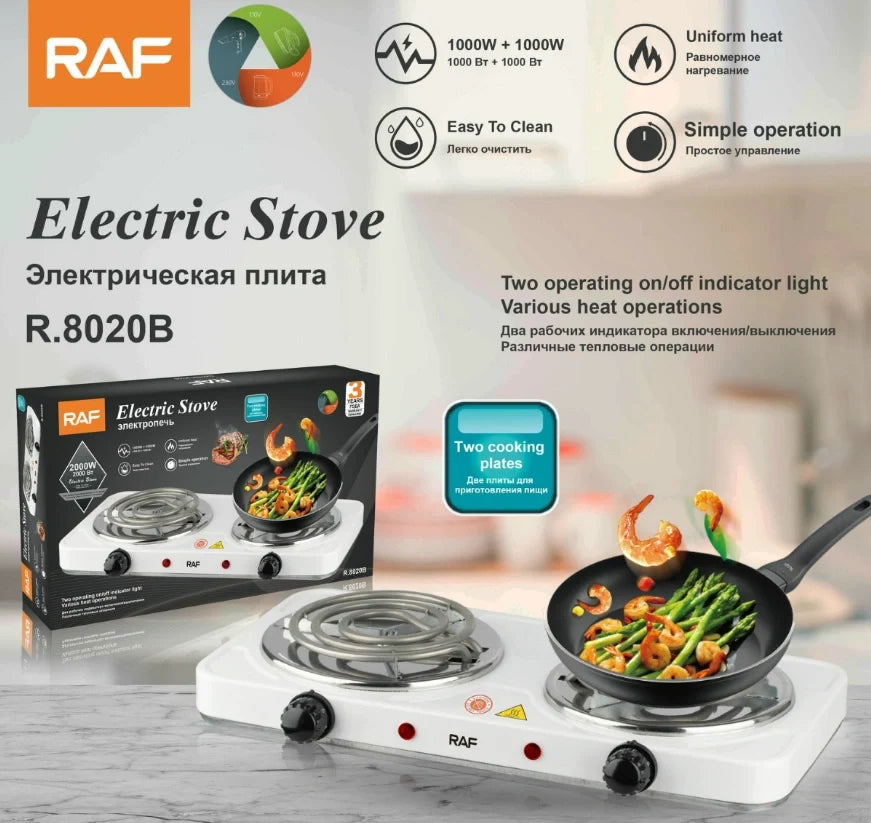 RAF electric stove with packaging and cooking demonstration on a blurred background