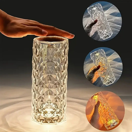 Crystal glass with diamond cut design held by a hand, surrounded by close-up insets on a dark background.
