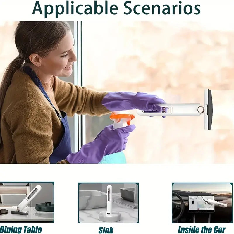 Person cleaning a window with a squeegee and spray bottle, with scenarios shown for dining table, sink, and inside car.