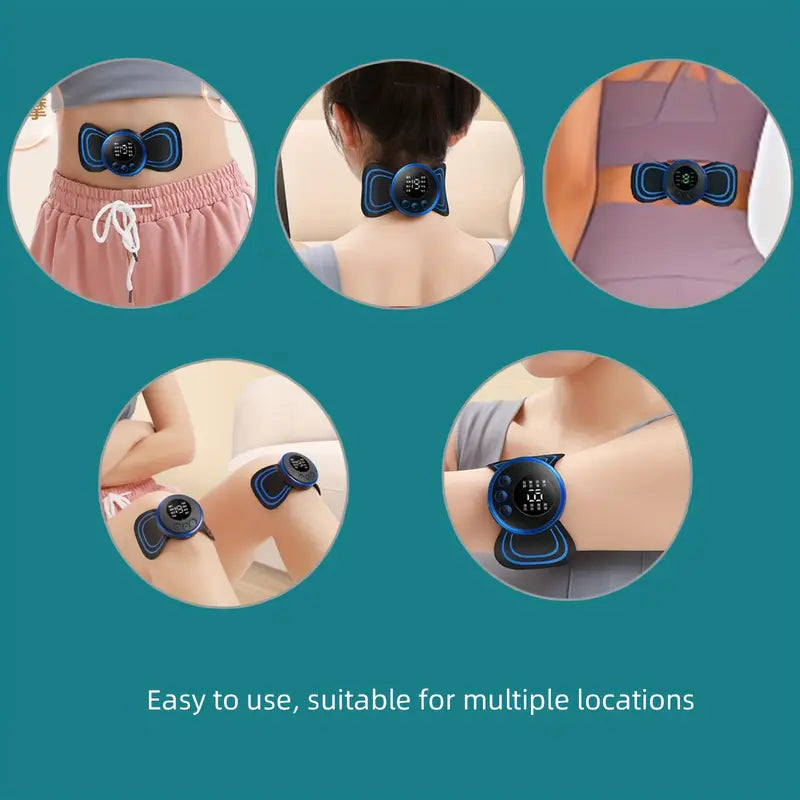 Multiple uses of a device on different parts of the body with a blue background.