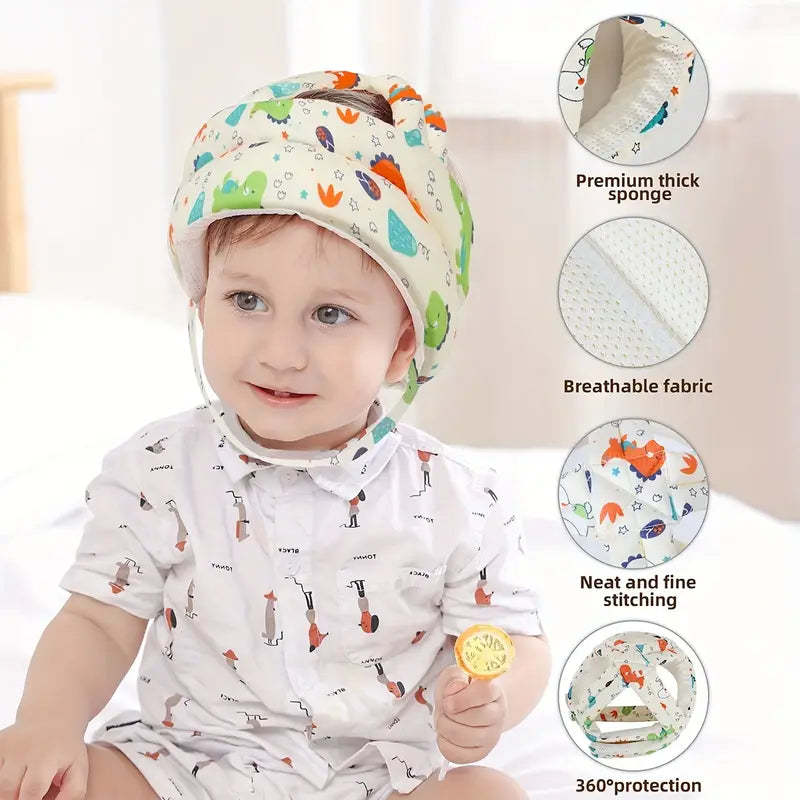 Baby wearing a colorful helmet with product features highlighted on a light background
