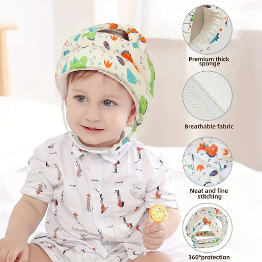 Baby wearing a colorful helmet with product features highlighted on a light background
