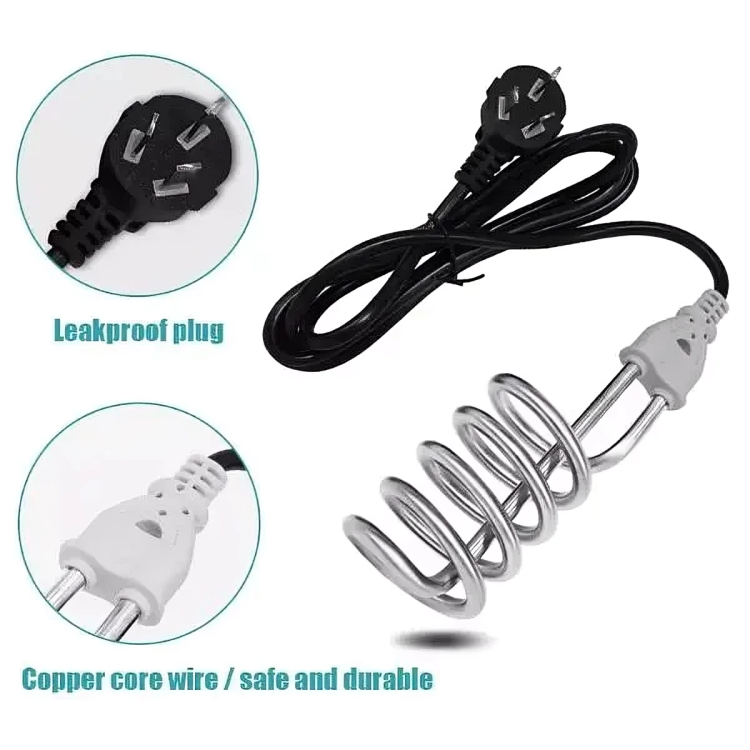 Electric heating element with coiled design and plug details on a white background