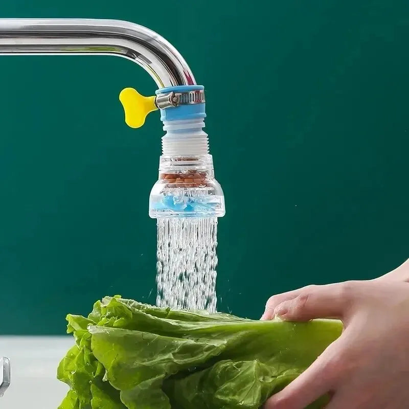 Faucet with a water filter attachment being used to rinse lettuce under running water.