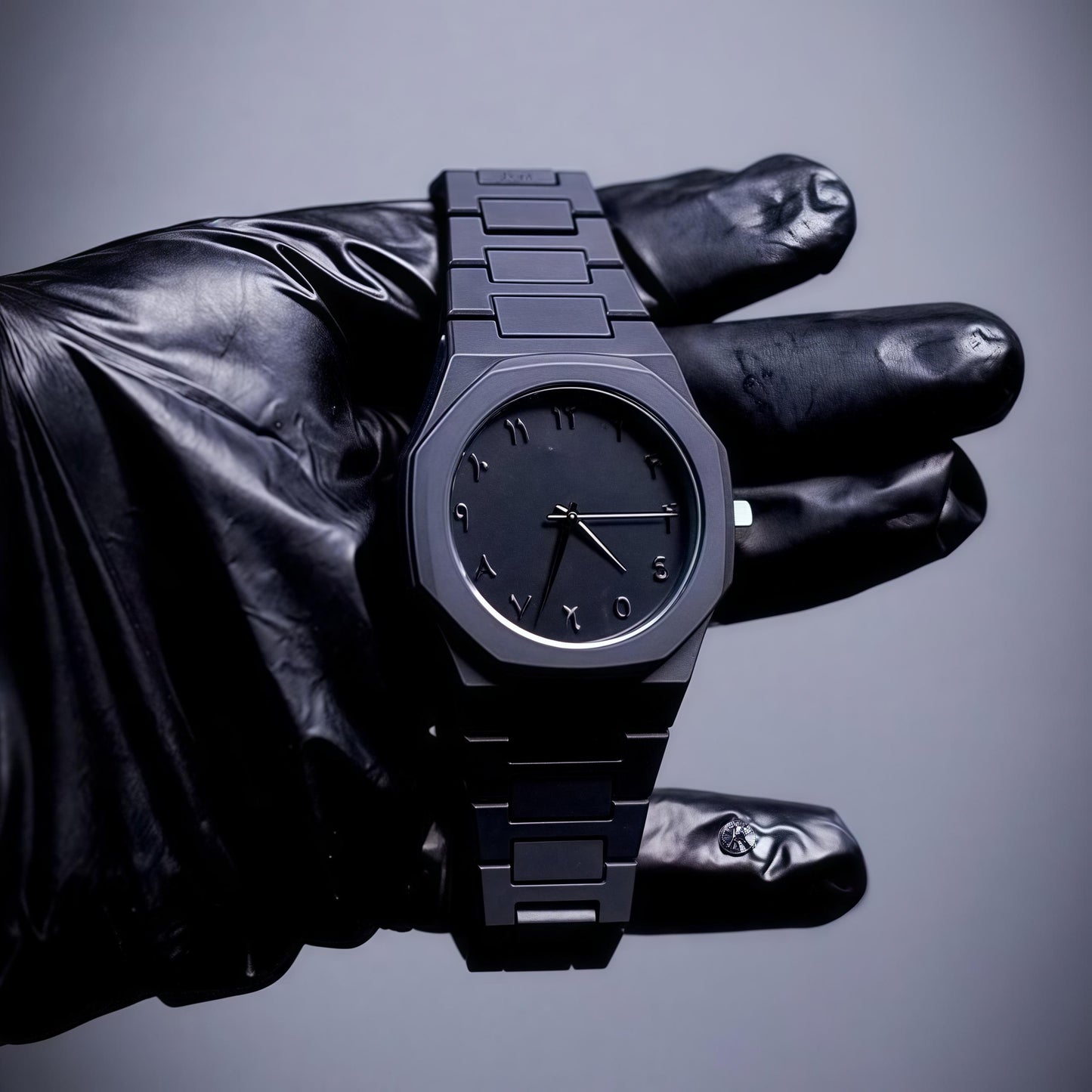 Black watch held by a gloved hand against a gray background