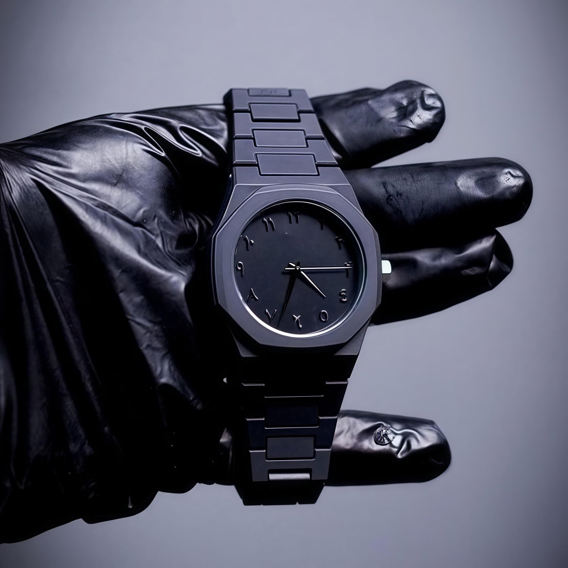 Black watch held by a gloved hand against a gray background