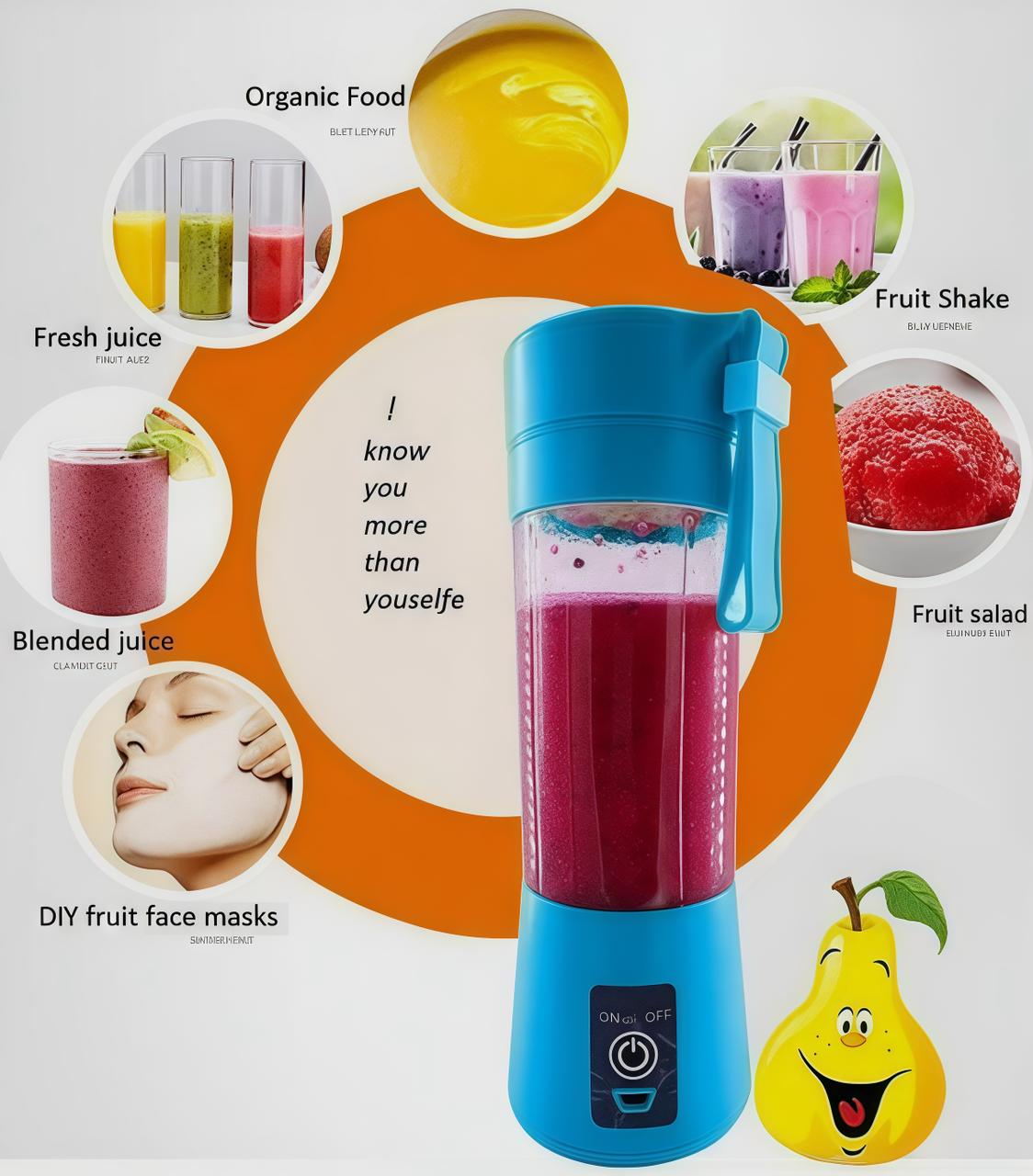 Blue portable blender with smoothie ingredients and text on a colorful background