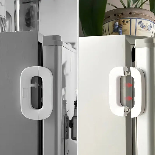 Two views of a refrigerator handle with a safety lock mechanism.