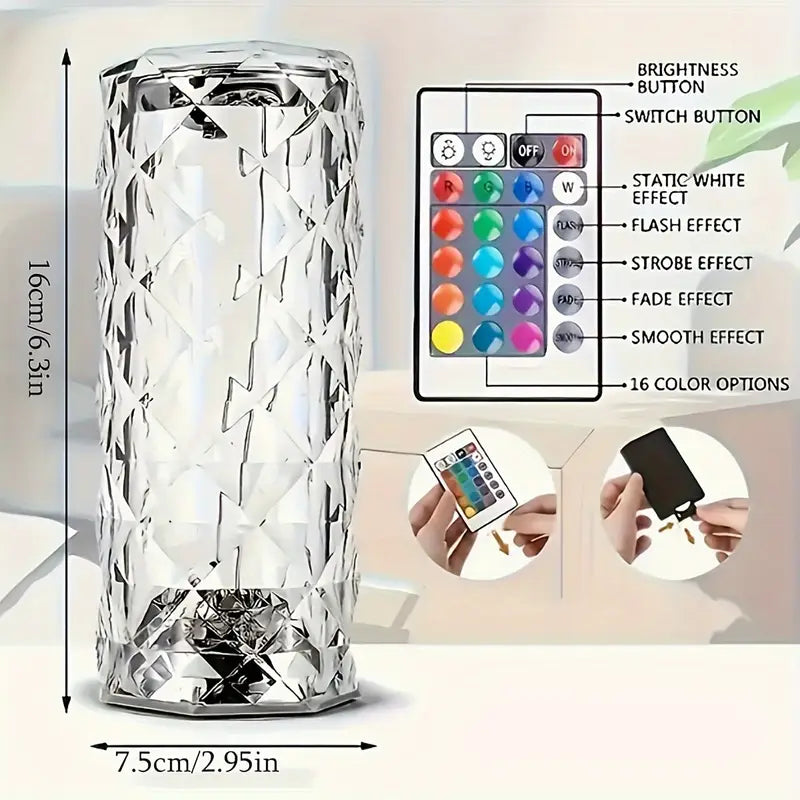 Crystal-like lamp with remote control and effect options on a light background
