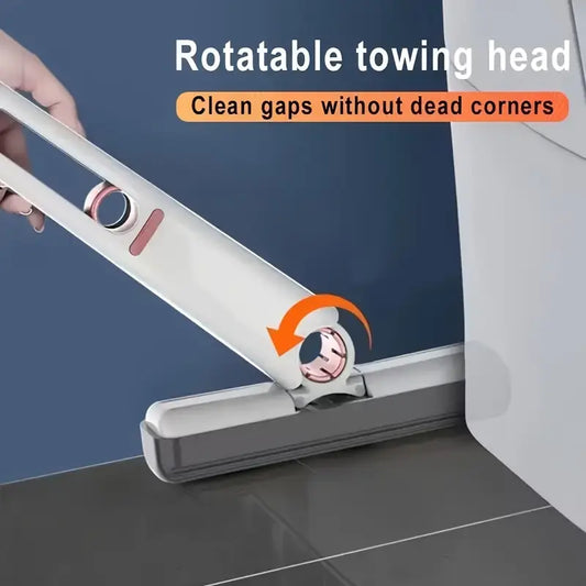 Cleaning tool with rotatable towing head cleaning gaps on a tiled floor.