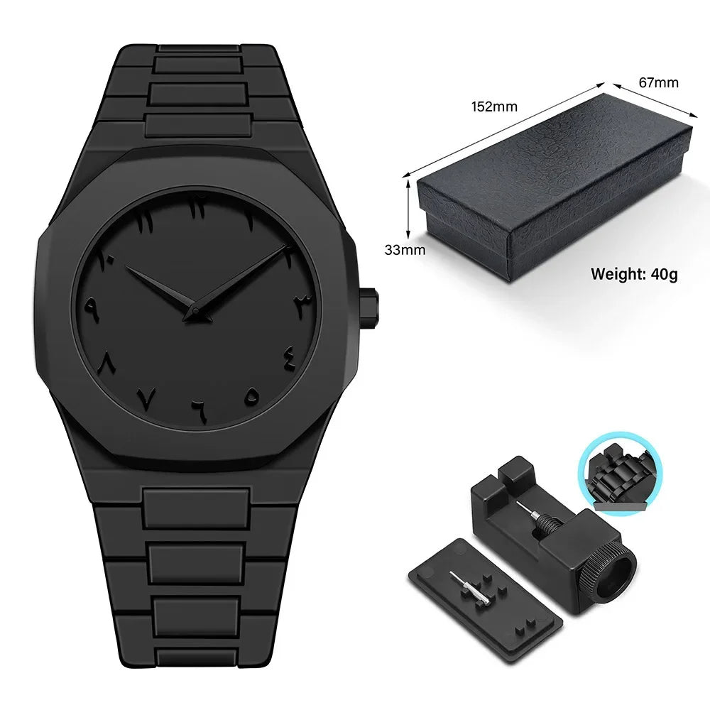 Black watch with packaging and tools on a white background