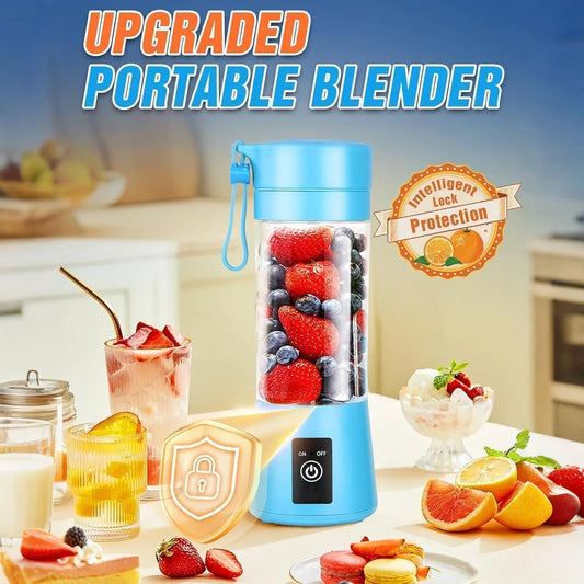 Portable blender with fruits, drinks, and kitchen background