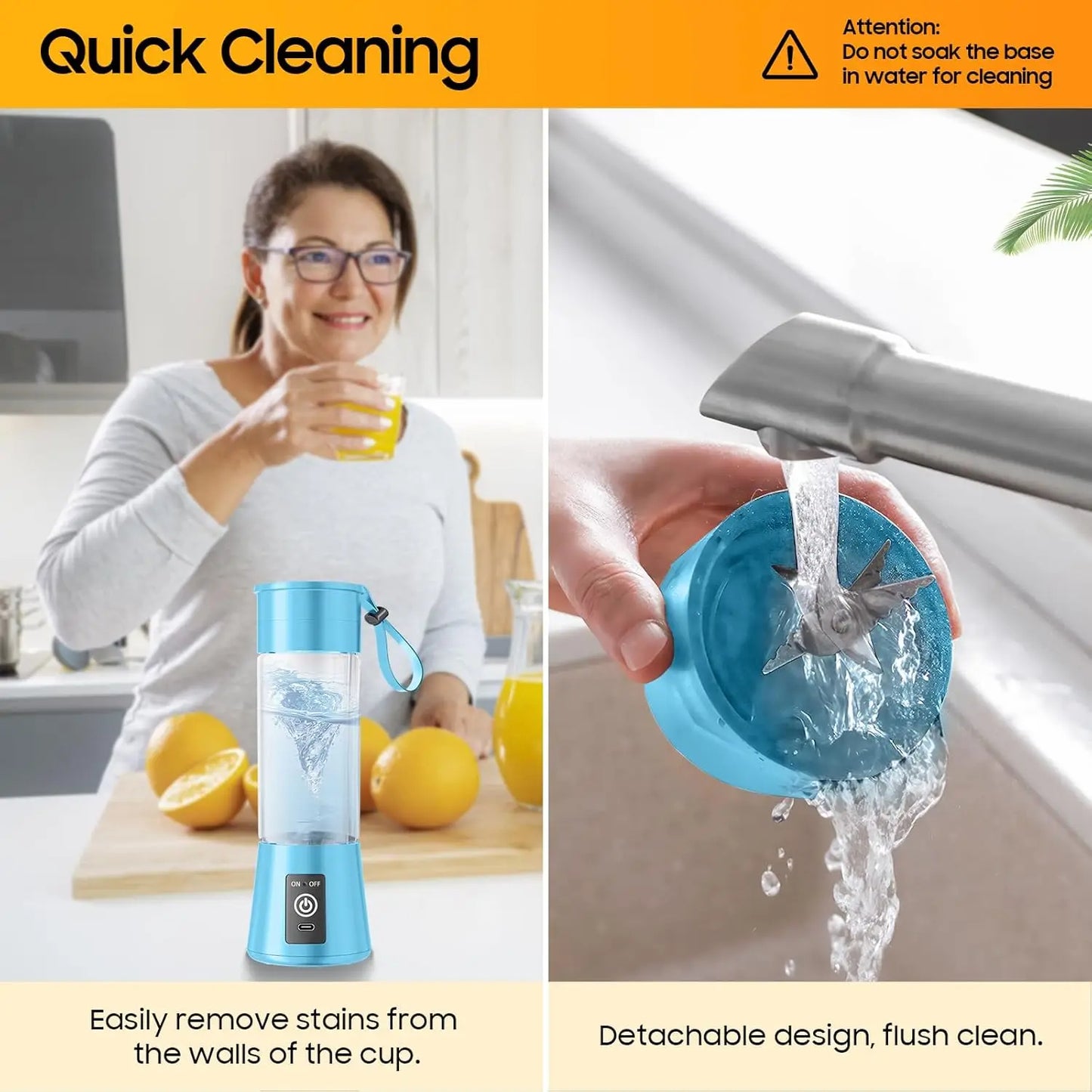 Portable blender with detachable cup being cleaned, woman drinking from it in kitchen.