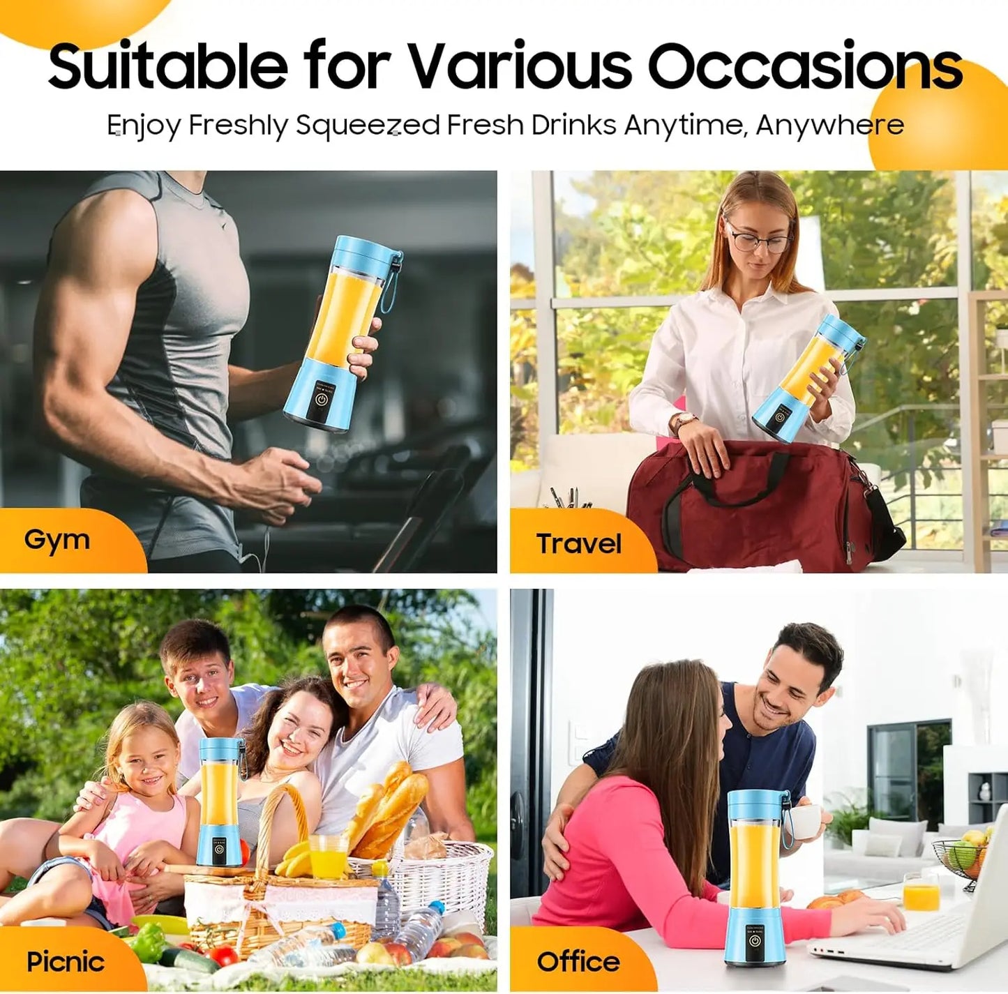 Portable juicer used in various settings like gym, travel, picnic, and office.