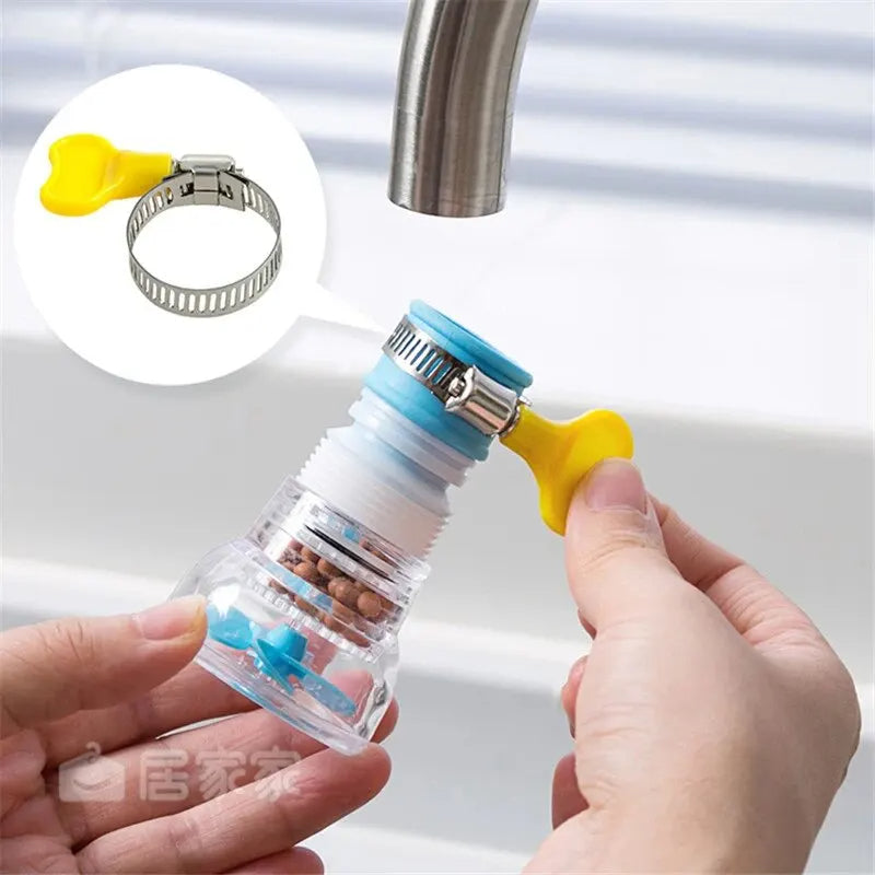 Hand holding a faucet filter attachment with a close-up inset of a yellow rubber ring.