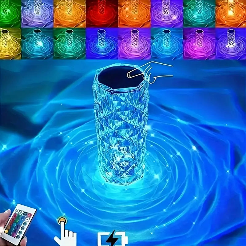 Solar light with colorful LED lights on water surface, remote control shown.