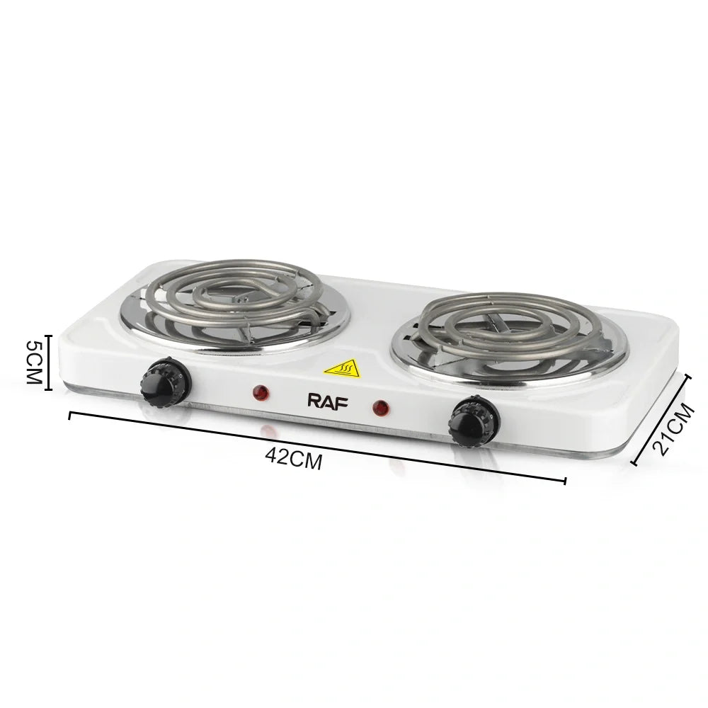 Double coil electric stove with dimensions on a white background