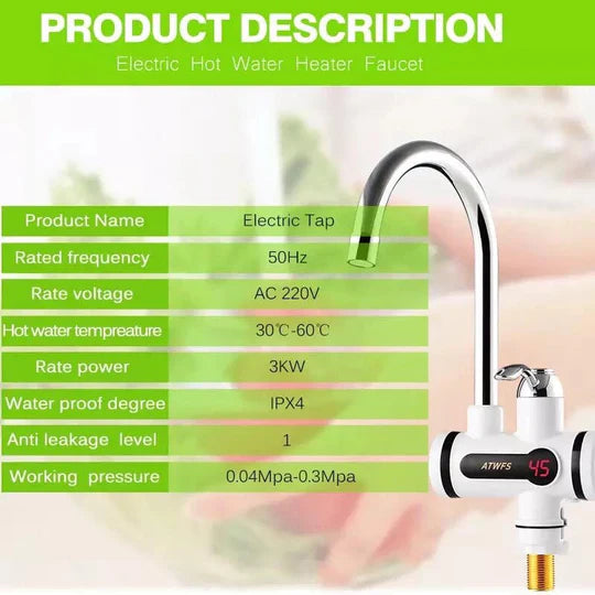 Electric hot water heater faucet with specifications on a green background