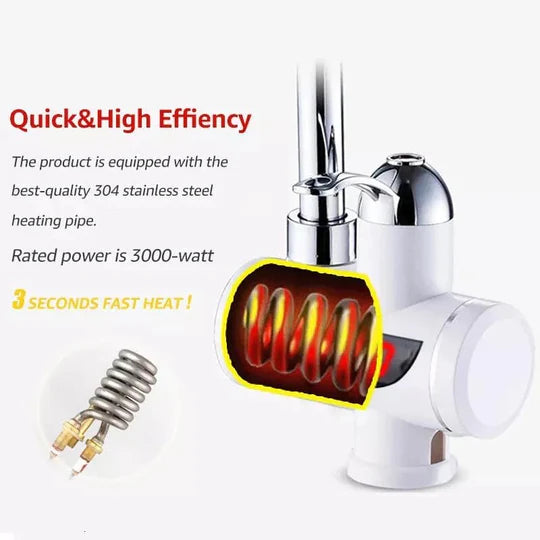 Electric water heater with a cutaway showing the heating element, labeled 'Quick & High Efficiency'.