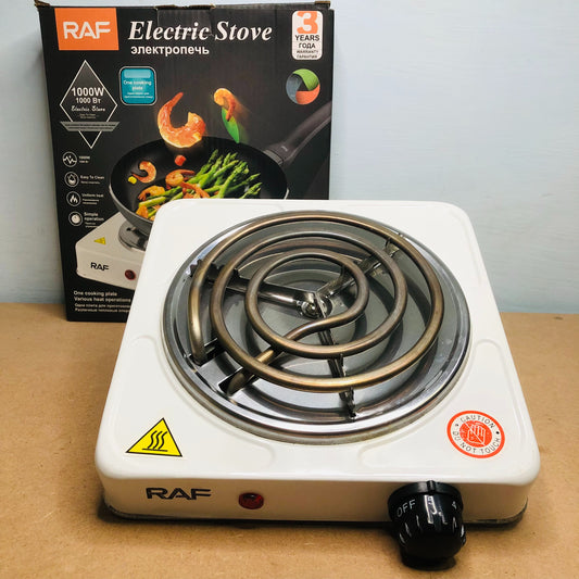 RAF electric stove on a table with packaging in the background