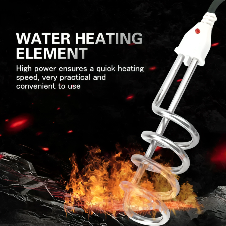 Water heating element with flames and text on a dark background